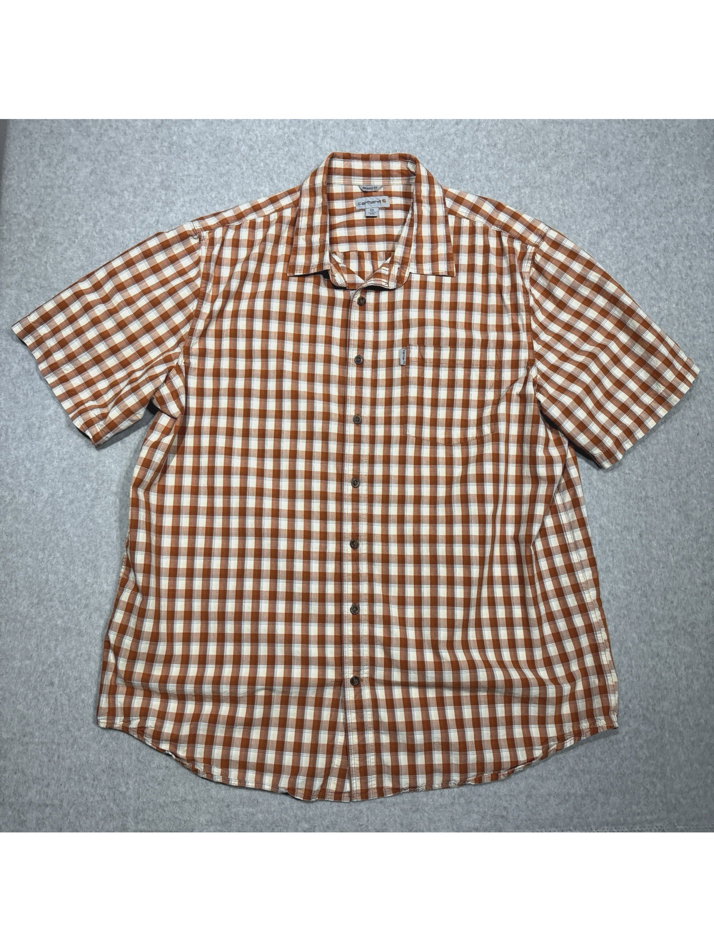 Carhartt Men's Relaxed Fit Button Up Shirt Sz 2XL TALL Orange Plaid Casual Logo